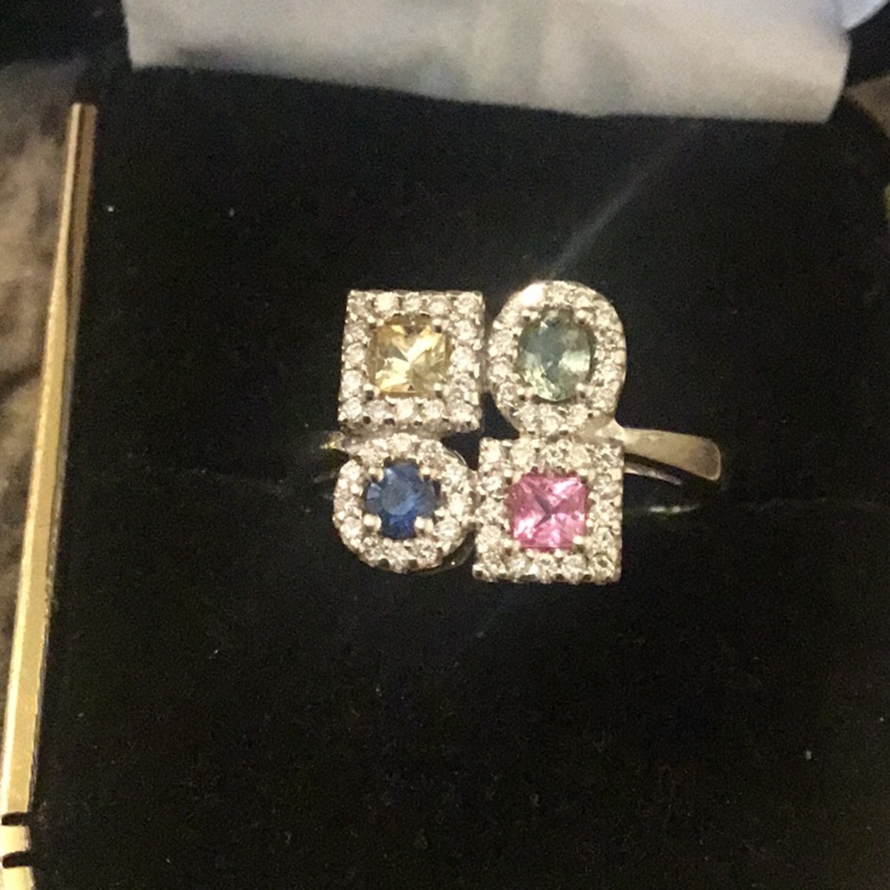 Estate Solid 14k White Gold Natural Sapphires & Diamond Ring